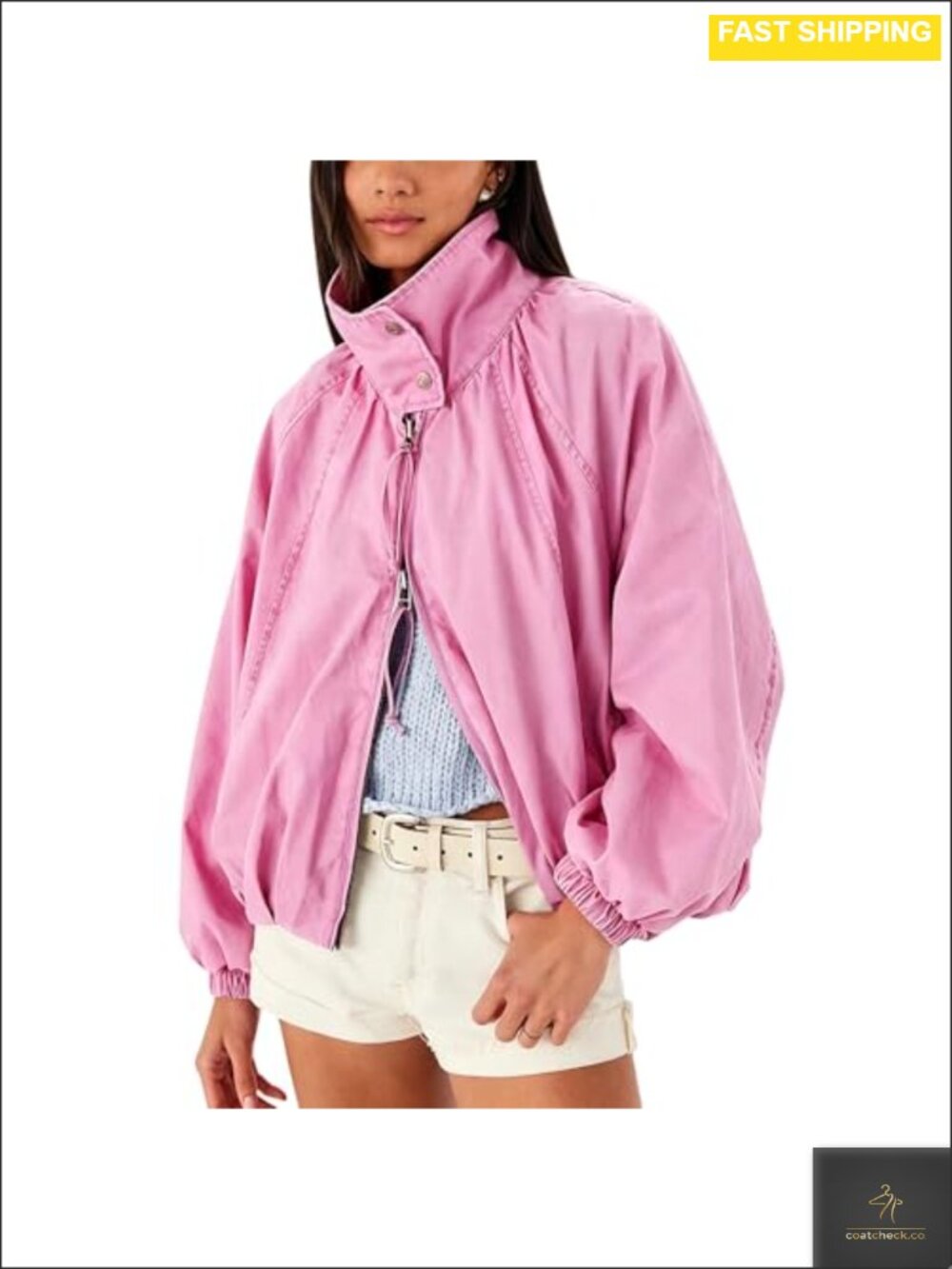 Oversized Cotton Bomber Jacket Funnel Neck Zip Up Batwing Sleeve Fall Coat